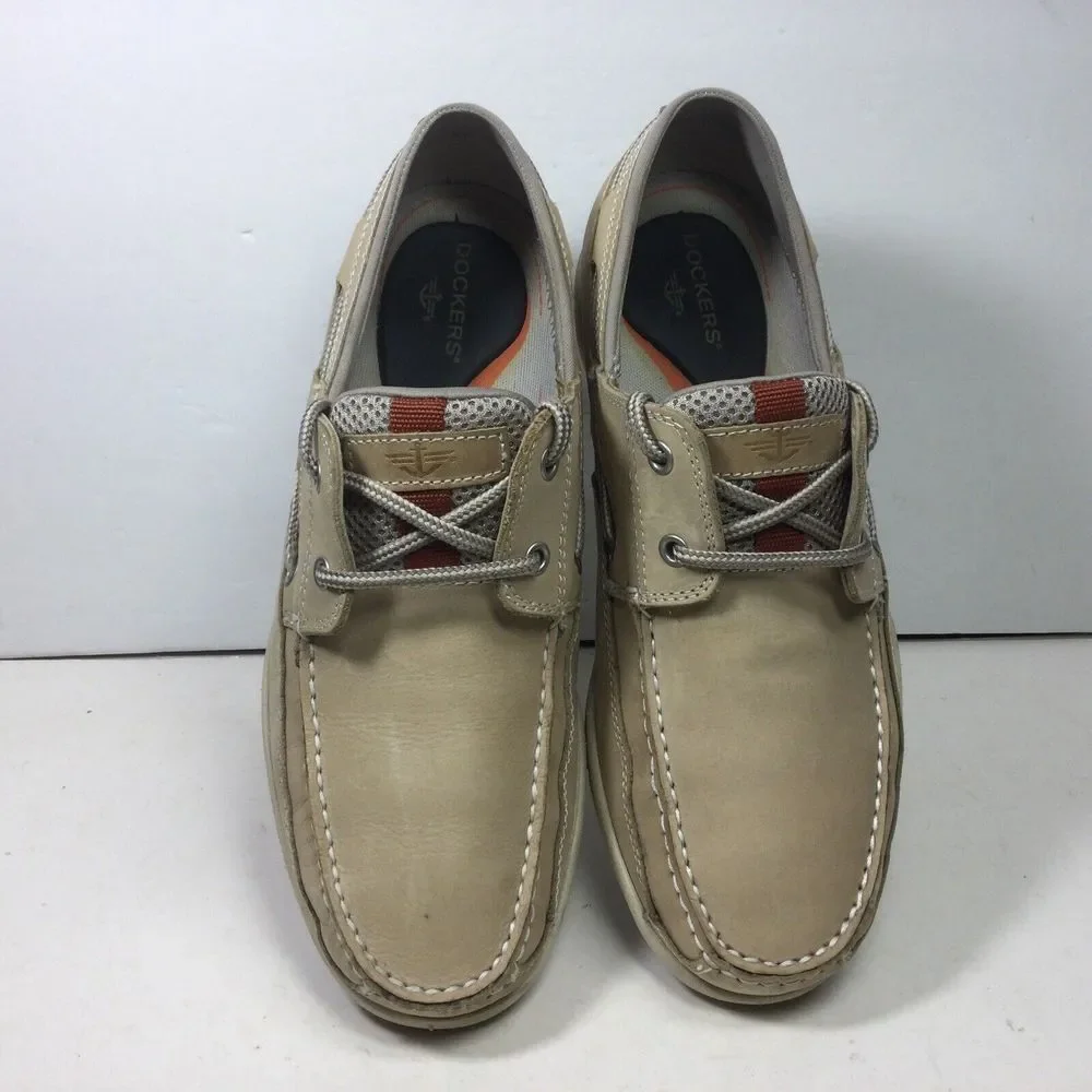 Dockers Mens Boat Deck Shoes Size 9M‎ Beige Leather Nautical Logo Casual Comfort